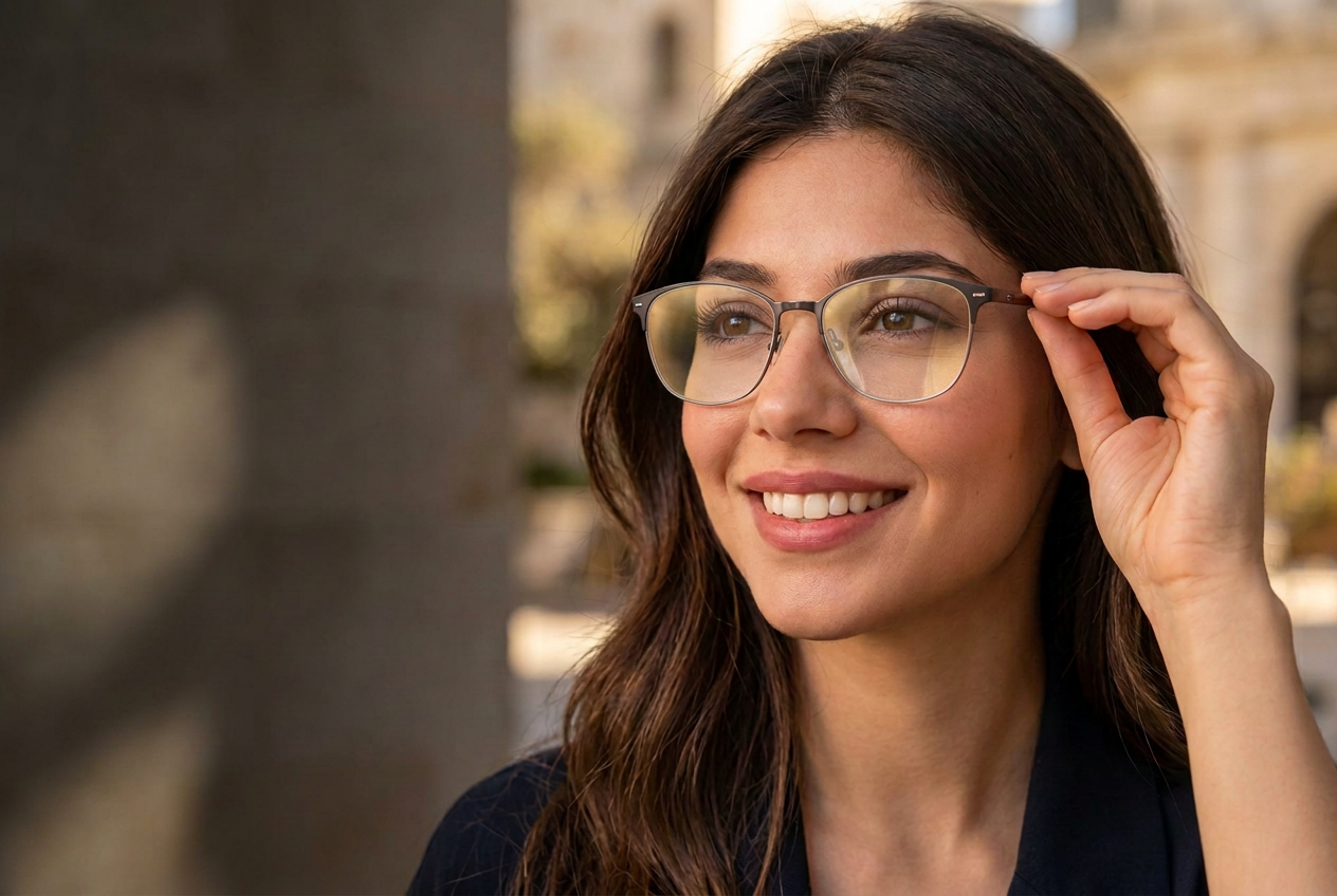 Modelo con lentes en estado claro
