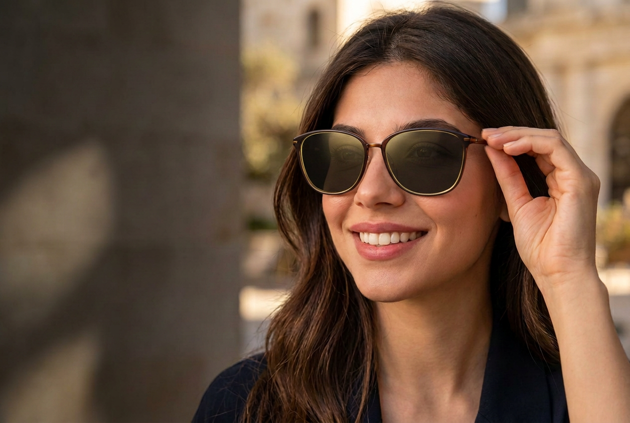 La misma modelo con lentes en estado oscuro, ilustración